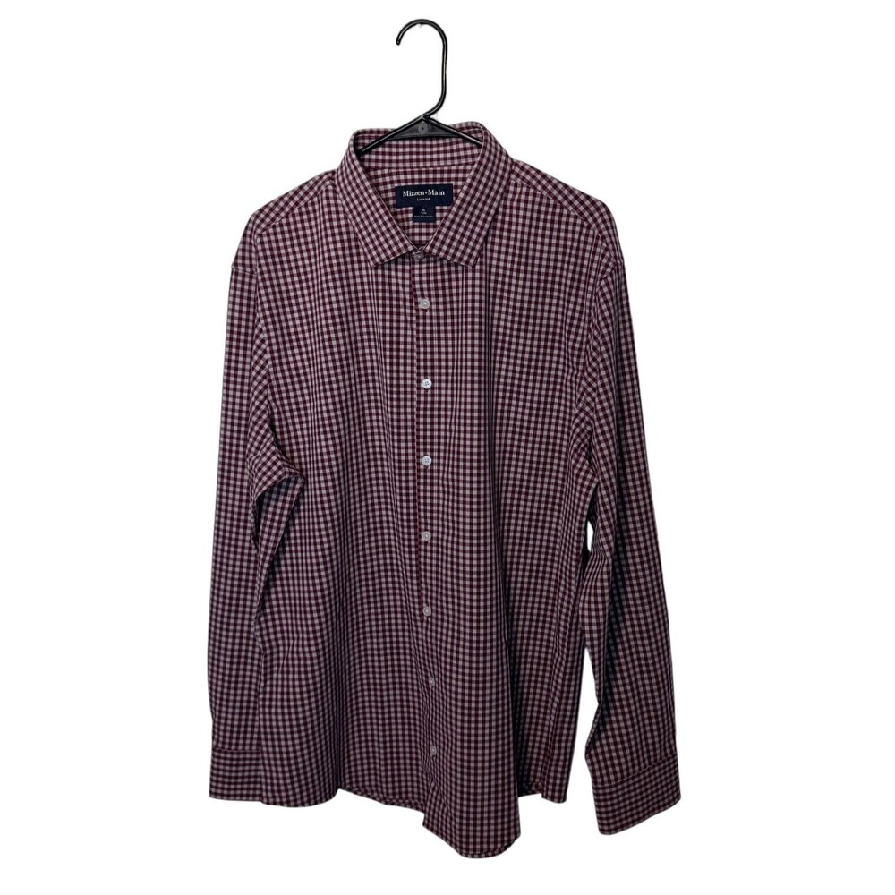 Mizzen Main Shirt Mens XL Maroon Plaid Gingham Performance Stretch Trim Fit